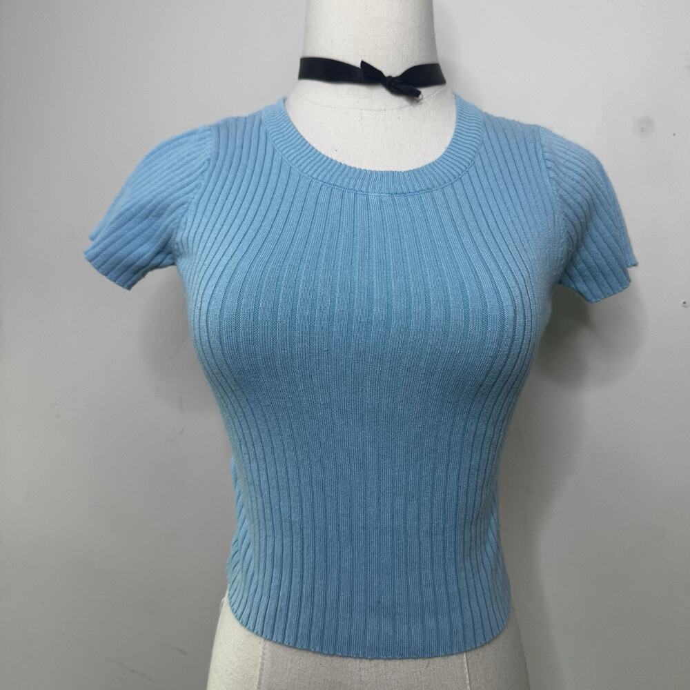 Vintage Y2K Blue Ribbed Baby Tee Crop Top Fitted  Indie S